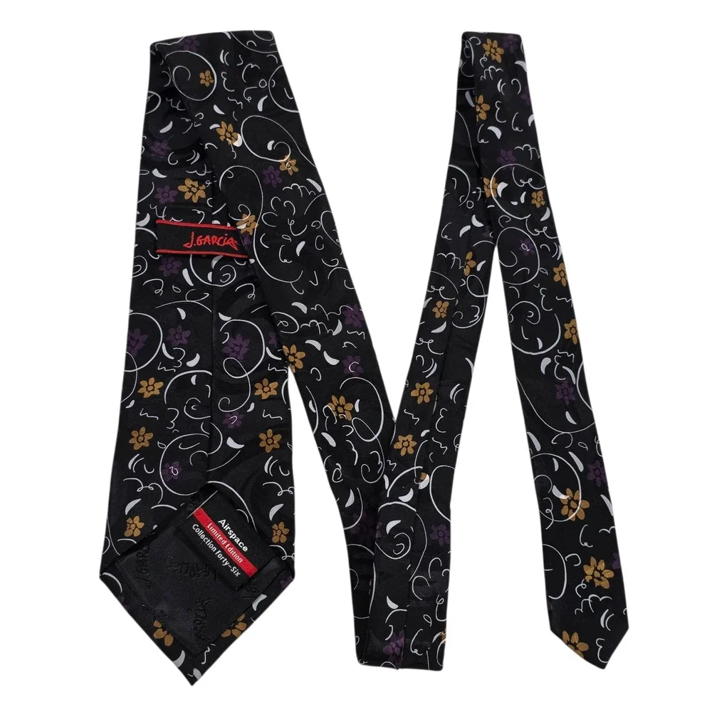J Garcia Mens Necktie Black Purple Floral Silk 'Airspace' Limited Edition Preppy
